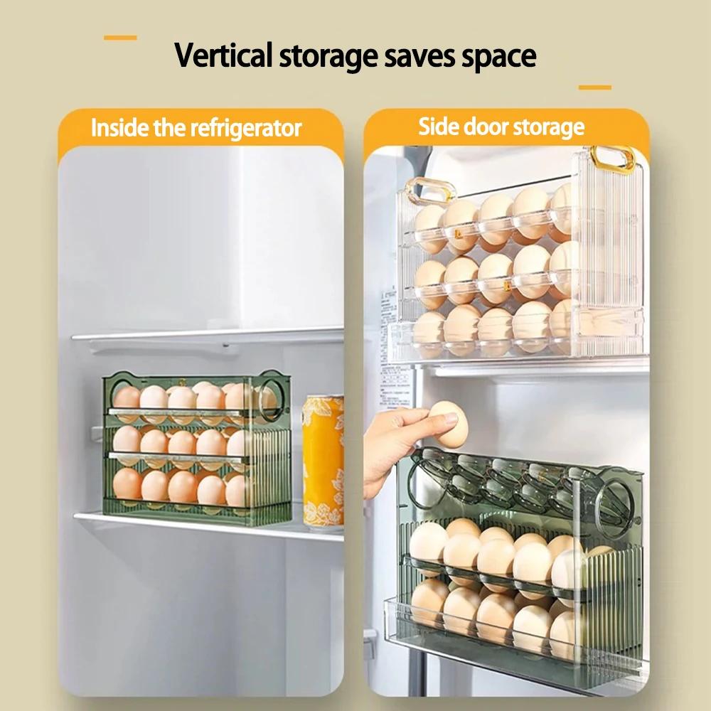 Kitchen Large Three-tier Capacity Egg Fridge Storage Box - Portable Multi-Layer Egg Tray  Auto Opening/Closing Egg Holder
