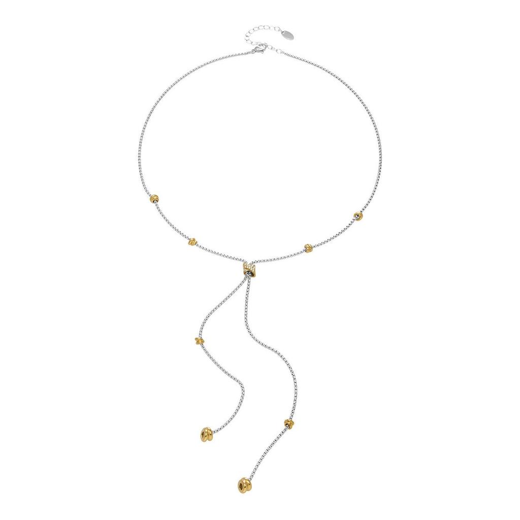 Two-tone Zircon Pull-out Necklace: European & American Style, Stainless Steel, Niche Ins Design, High-end Jewelry