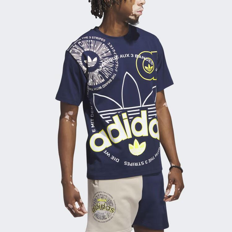 Adidas Originals Multi Logo Tee Letter Print Round Neck Short Sleeve T-Shirt Men Tops Night-Blue IJ5232