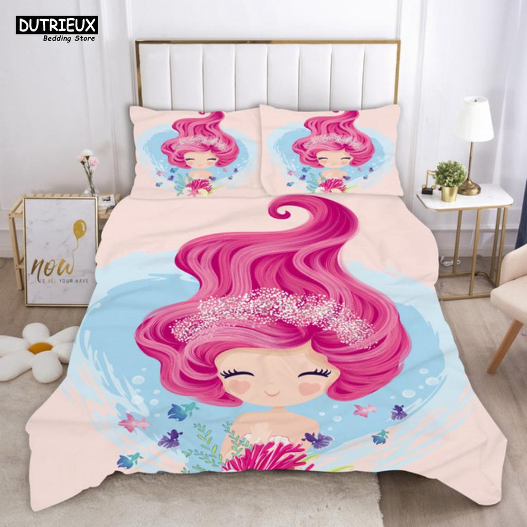 Cartoon Blue Mermaid Duvet Cover Beautiful Girl With Unicorn Bed Cover Single Double Queen King Twin Size Bedding Set For Kids