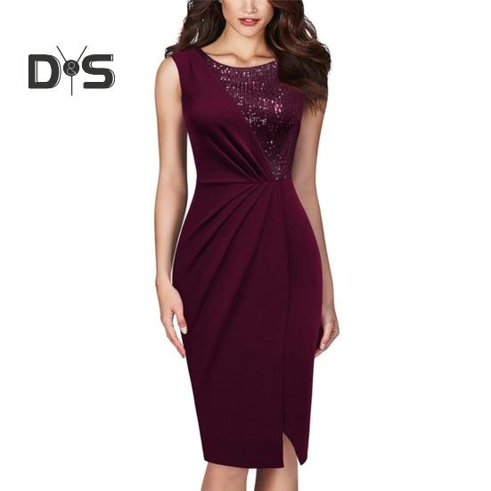 

Женское облегающее платье с пайетками, без рукавов, с круглым вырезом, миди-платье, вечернее платье с разрезом и складками для коктейльной вечеринки L вино красного