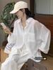 Women's Loose Cotton Linen Summer Sun Protection Shirt - White, Long Sleeve Cardigan