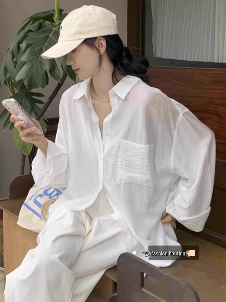 Women's Loose Cotton Linen Summer Sun Protection Shirt - White, Long Sleeve Cardigan