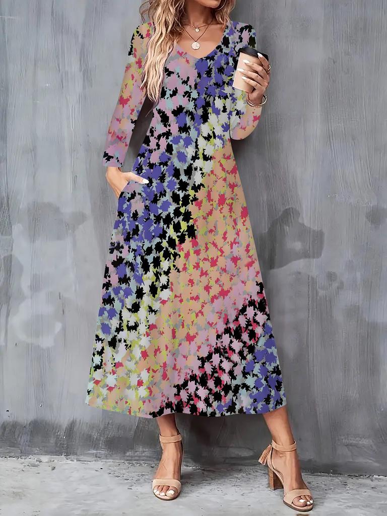 2025 Herbst und Winter Neues Damen Casual Modekleid 3D Retro Musterdruck Langarm V-Ausschnitt A-Linien-Kleider