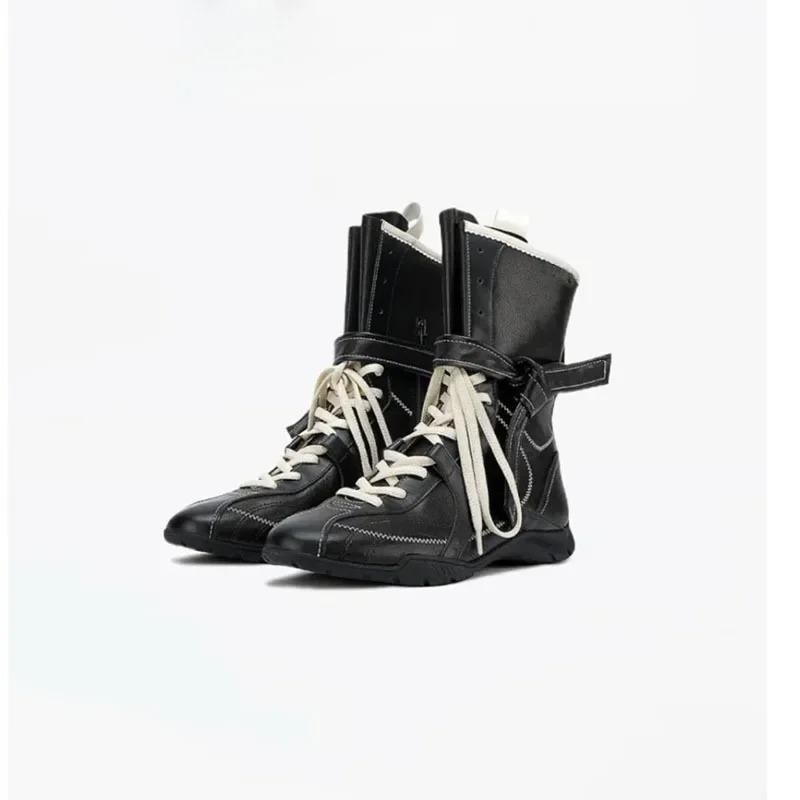 Fashionable Soft Leather Mid-Calf Boxing Boots Women's Hot Sale Of The Season New Retro Style Increased Height PU Lined Flat Bot