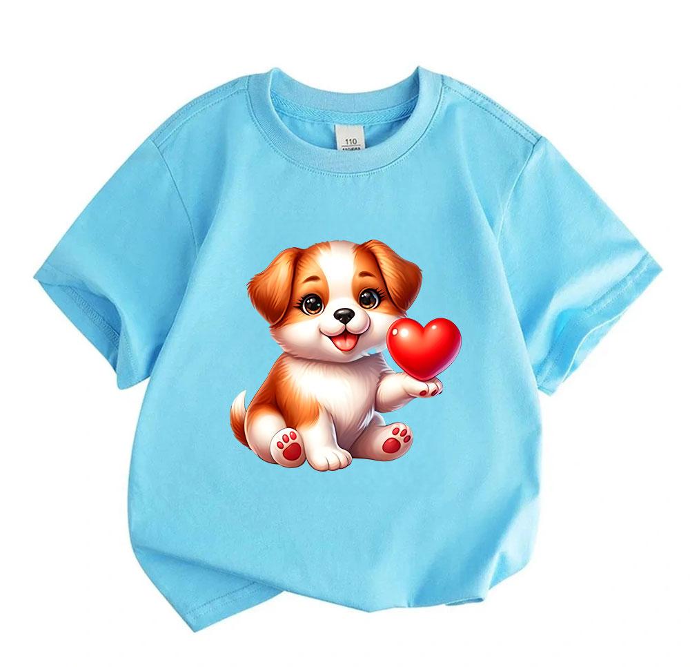 Kids Boys Girls 100% Cotton Crew Neck Short Sleeve T-Shirt, Cute Cartoon Puppy Hold Red Heart Print Soft Casual Tees for Children Summer Daily Wear To