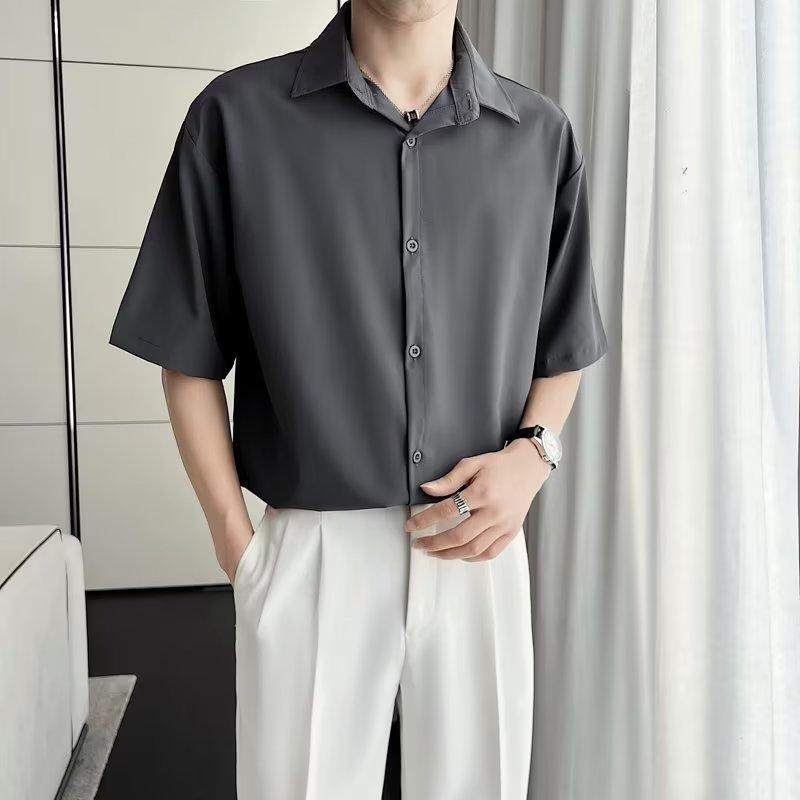 Ice Silk Men's Loose Fit Short Sleeve Button-Down Shirt - Korean, Hong Kong, Japanese Style, Plus Size, Wrinkle-Resistant