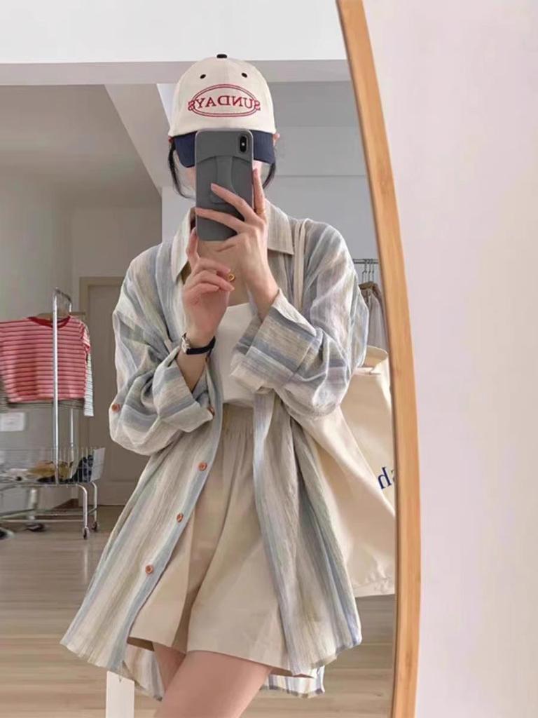 Plus Size Striped Long Sleeve Retro Shirt & Sunscreen Jacket for Women