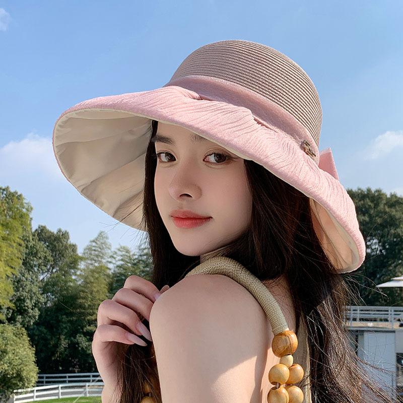 Hepburn style organza bow straw hat women's beach hat French retro big-brimmed bucket hat foldable sun hat