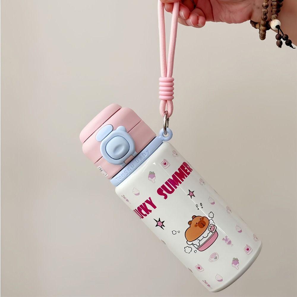 Fashion Stainless Steel Insulated Cup Cartoon Dustproof Student Drinking Cup 500ml with Lanyard Water Cup for Women Girls