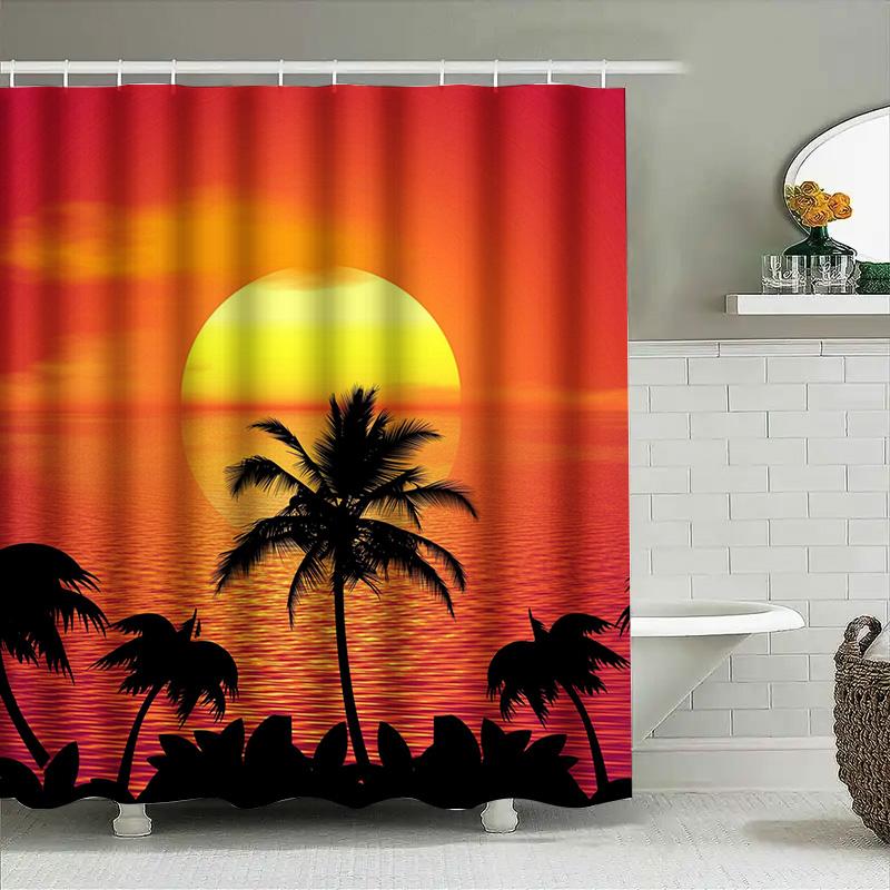 Sunset Palm Tree Shower Curtain Waterproof Bath Decor Fabric Printing Home Decoration Supplies Multicolor Sunset Scene With Silh