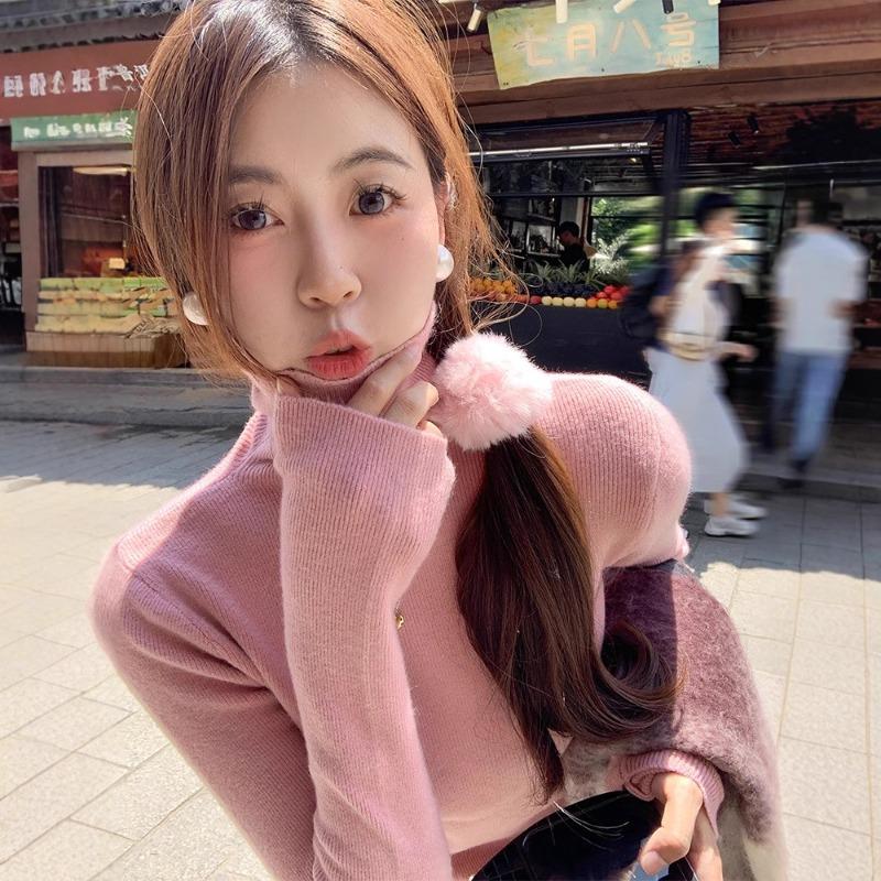 Basic pink versatile turtleneck inner bottoming shirt women's spring new slim-fitting and thin knitted sweater