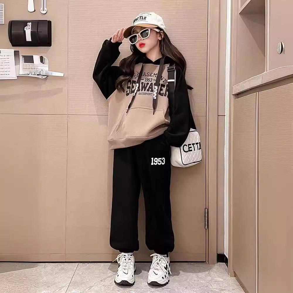 

Костюм с капюшоном для девочек 2-12 лет, детский спортивный топ + брюки, свободная модная одежда для девочек на весну и осень 140cm кофейный