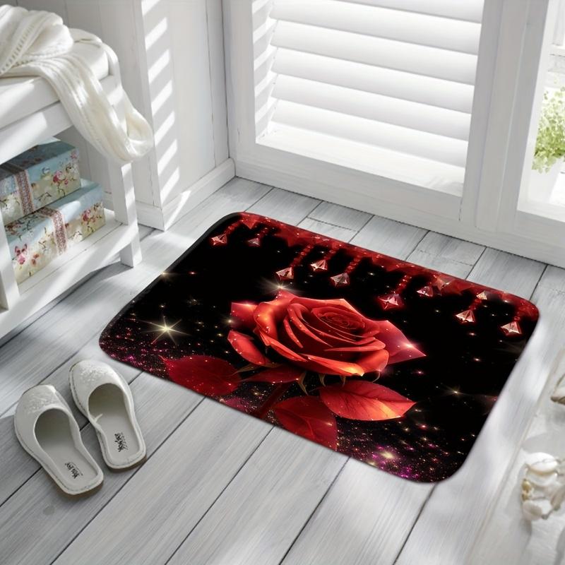 Crystal Red Rose Bathroom Floor Mat Set 3pcs Non-Slip Absorbent Toilet Lid Cover U-Shaped Rug and Decorative Bath Mat