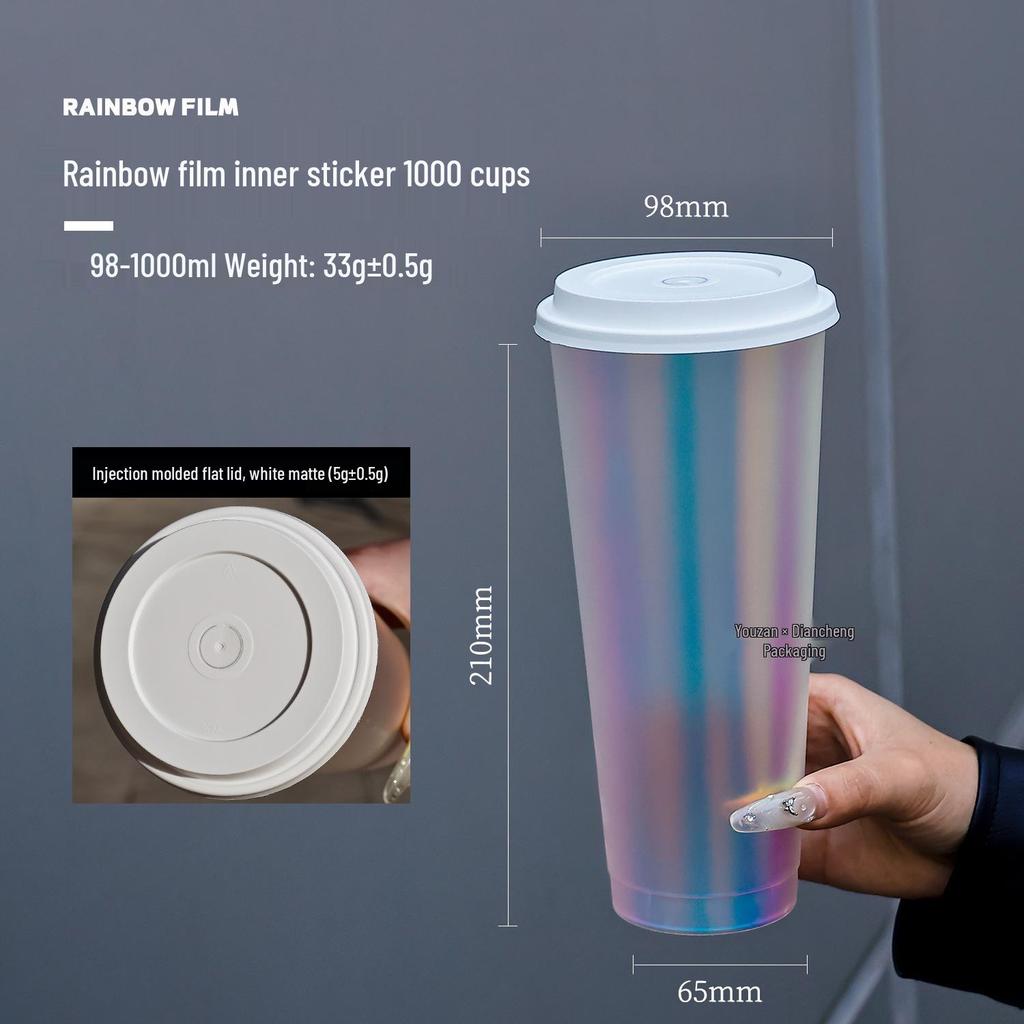 1L Disposable Rainbow Milk Tea Cup with Lid, 98mm Caliber, Colorful Laser Film Inner