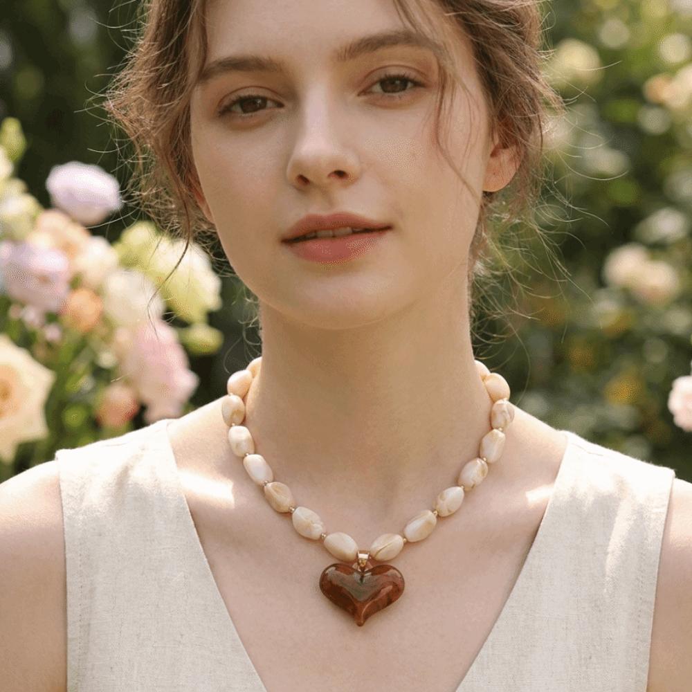 Colorful Heart Pendant Necklace Multi-Color Statement Jewelry Unique Bead Choker  Vacation Wear