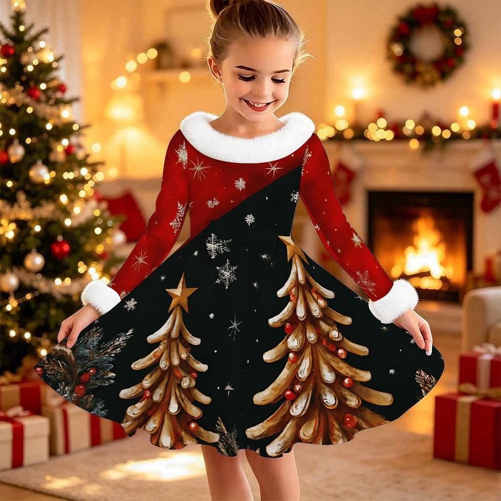 Kids Long Sleeve Christmas Dress, Snowman Print Faux Fur Collar Bow Decor Princess Dresses for Girl Holiday Party Wear