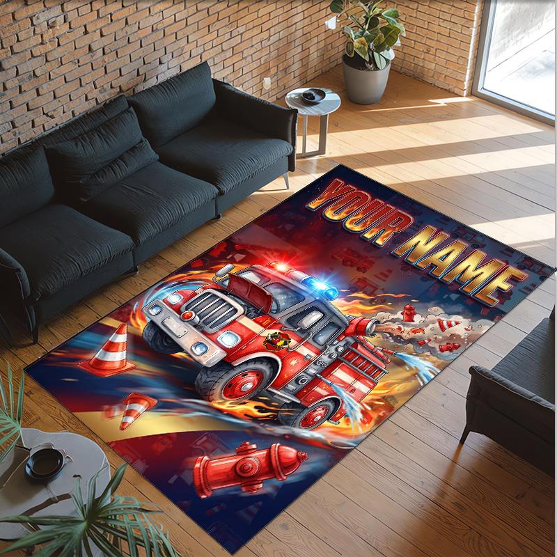 Fire Truck Theme Crystal Velvet Rug Personalized Custom Name Text Soft Floor Mat Home Decor