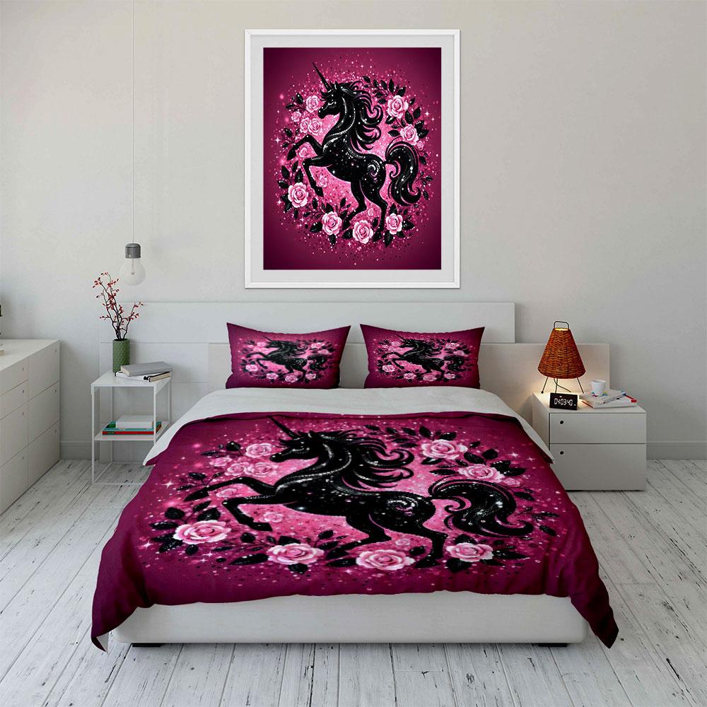 Sparkling Unicorn And Rose Design Kid'S And Adults' Bedroom Decor, Exquisite Three-Piece Bedding Set Gift