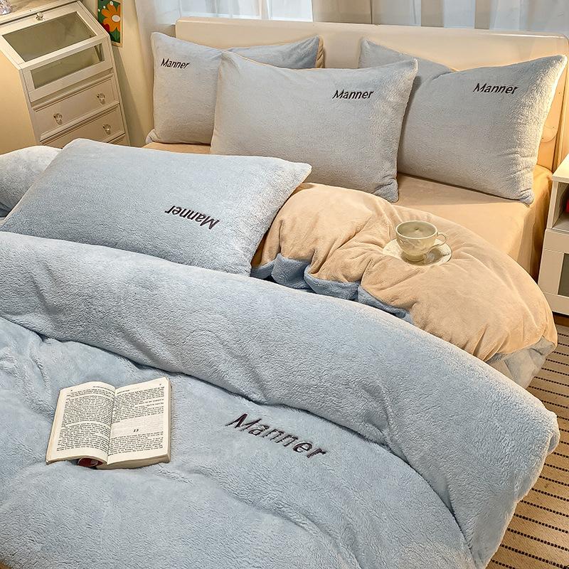 Thickened Milk Fleece Bed Set Four-piece Coral Fleece Winter Fleece Bed Sheet Double-sided Fleece Quilt Cover