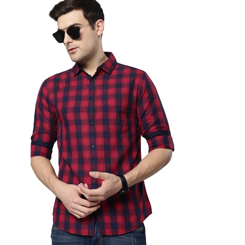 Dennis Lingo Men' Checkered Slim Fit Casual Shirt (C4 Red )