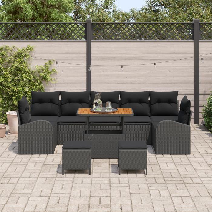 Ensemble de canapé de jardin 10 pièces avec coussins noir poly rotin acacia, Canapé de jardin 2 places avec rangement 3364329