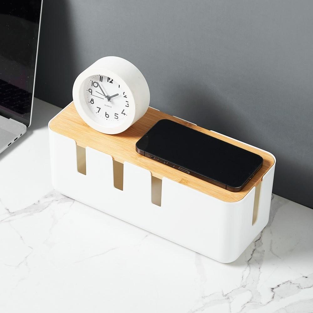 With Wooden Lid Desk Power Cable Box Storage Bin Power Wire Case Power Cord Case  Charger