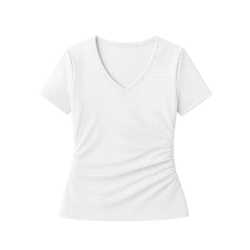 2026 New Women's Short-Sleeve Stretch V-Neck Slim Fit Casual Solid Color T-Shirt