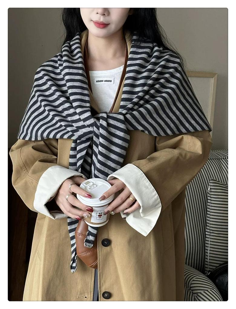 2025 Wool Blend Striped Triangle Shawl Women's Warm Thick Knitted Outerwear