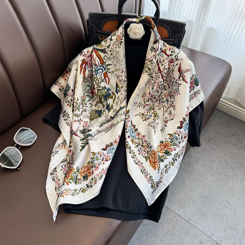 90×90Cm  Satin Shawl Design Flowers Silk Square Women Neck Scarves Wrap Headkerchief Beach Hair Band Women'S Bandana
