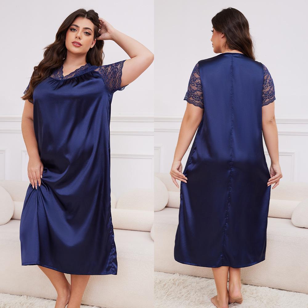 New Hot Plus Size Women's Ice Silk Short Sleeve Pajamas - Loose Casual Nightgown
