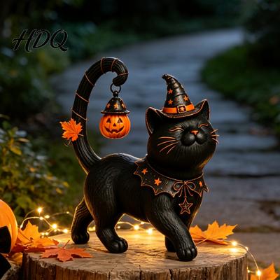 Dark Style Cat Figurine for Desk Halloween Black Wearing Hat Figurine Resin Witch Statue Spooky Desktop Ornament Shelf Cute Home Decor