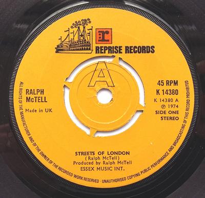 7inch Record RALPH MCTELL - Streets Of London K14380 Reprise Records 1974 UK Rock Used