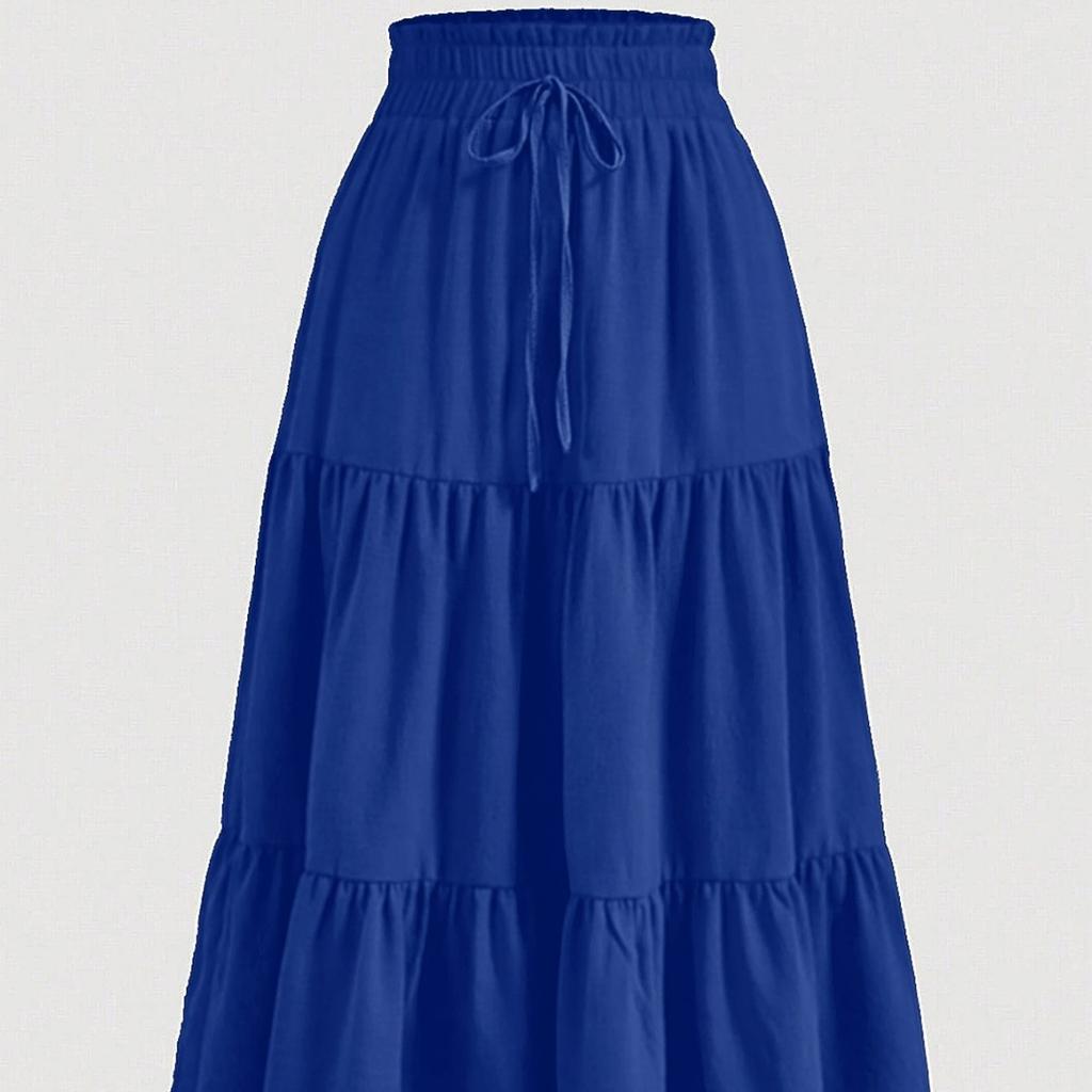 Kadın Modası Düz Renk Çiçekli Bağcıklı Elastik Bel Bol Uzun Etek