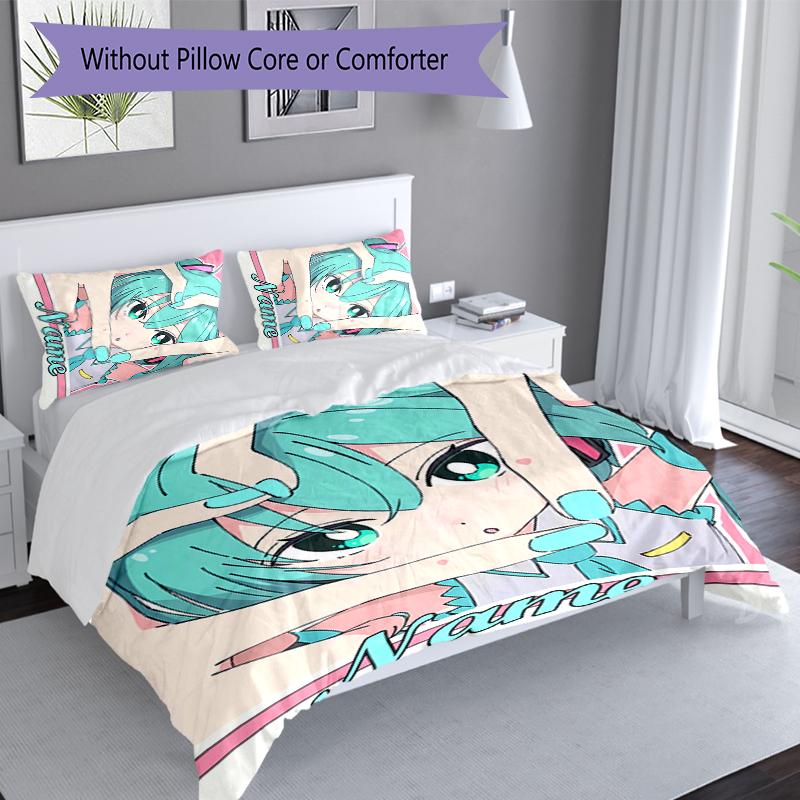 3pcs Custom Name Hatsune Miku Set,Includes 1 Duvet Cover and 2 Pillowcases,All-season Bedroom Decor