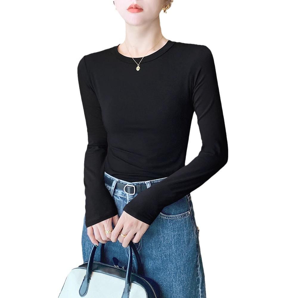 Women's Black Ribbed Slimming Crew Neck Long Sleeve Knit Top - Perfect for Spring, Autumn & Winter.