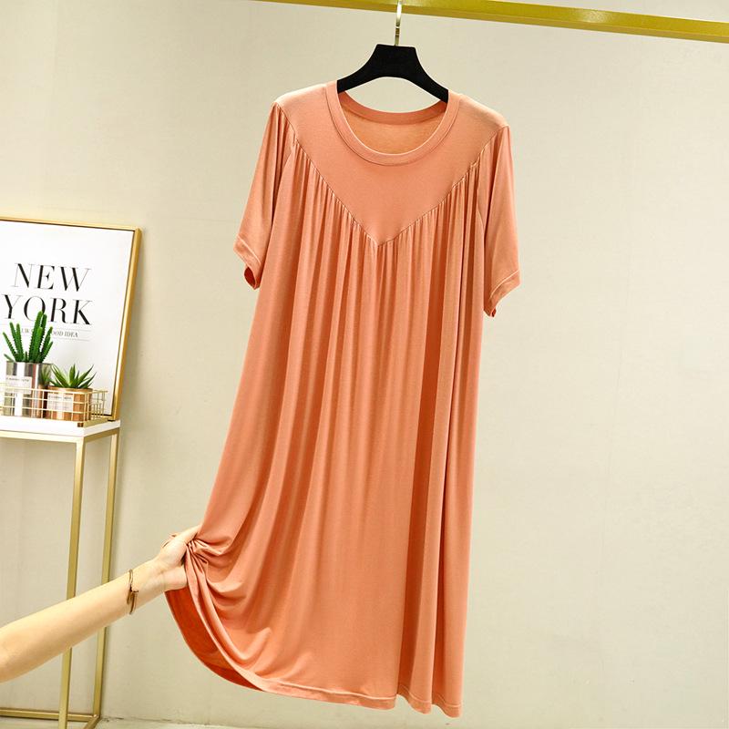 Plus Size Summer Modal Nightdress: Loose, Short-Sleeve V-Neck Pleated Long Home Dress
