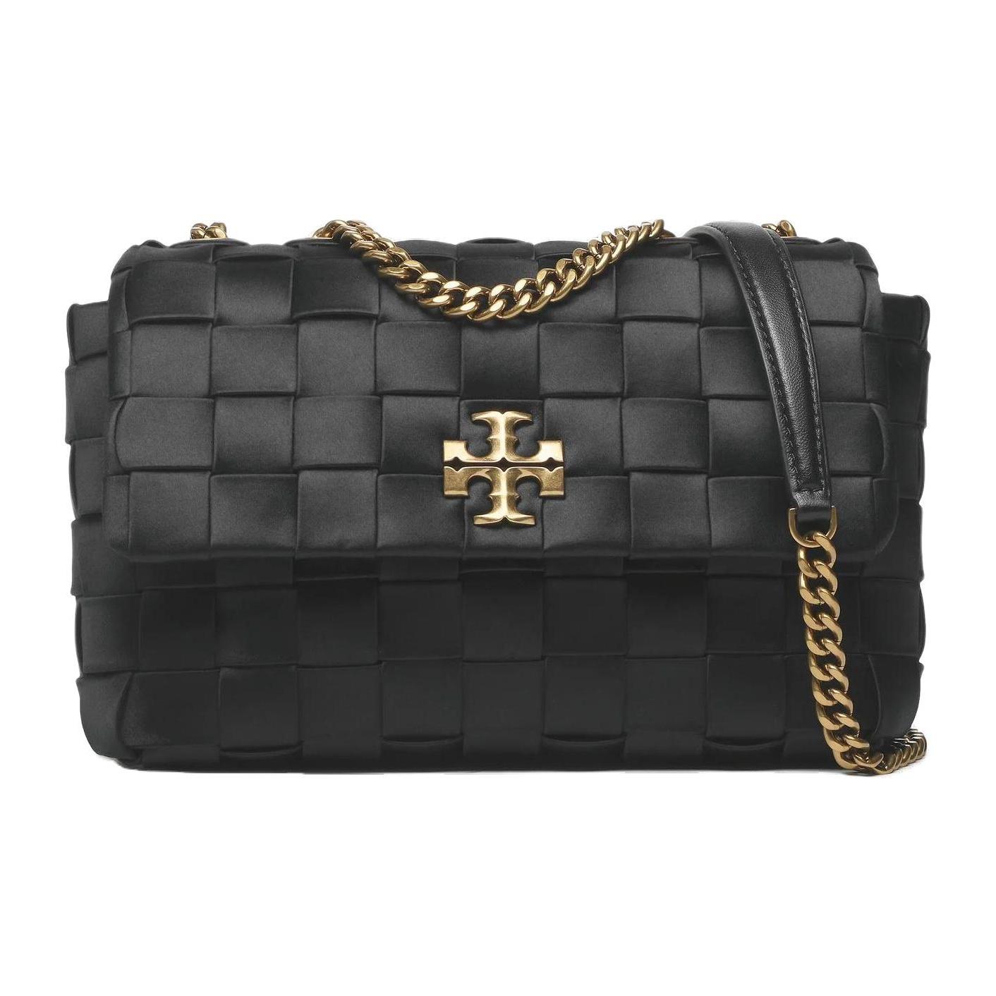 

Tory Burch Kira Hand-Woven Chain Flap Magnetic Snap Silk Satin Trimmed Genuine Leather Shoulder Bag Small Women Shoulder Bag Black 142701-001 Basic Set (Bag+Dust Bag)