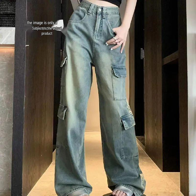 

Джинсовые брюки-рабочая одежда больших размеров в стиле ретро с несколькими карманами - Женские повседневные брюки прямого кроя XS синий