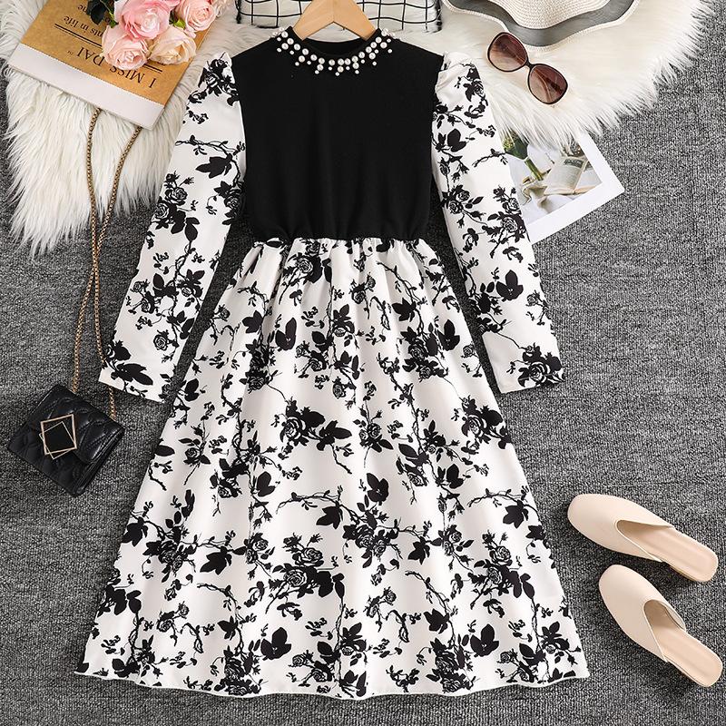 

Girl Long Sleeves Floral Print Dress Children Kid Casual Princess Dresses Clothes 9Y чёрный