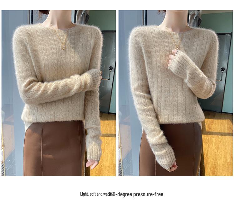 Women's 100% Pure Wool Cable Knit Sweater – Autumn/Winter Loose Fit with Round Neck, Fashionable and Versatile Knit Base Layer.