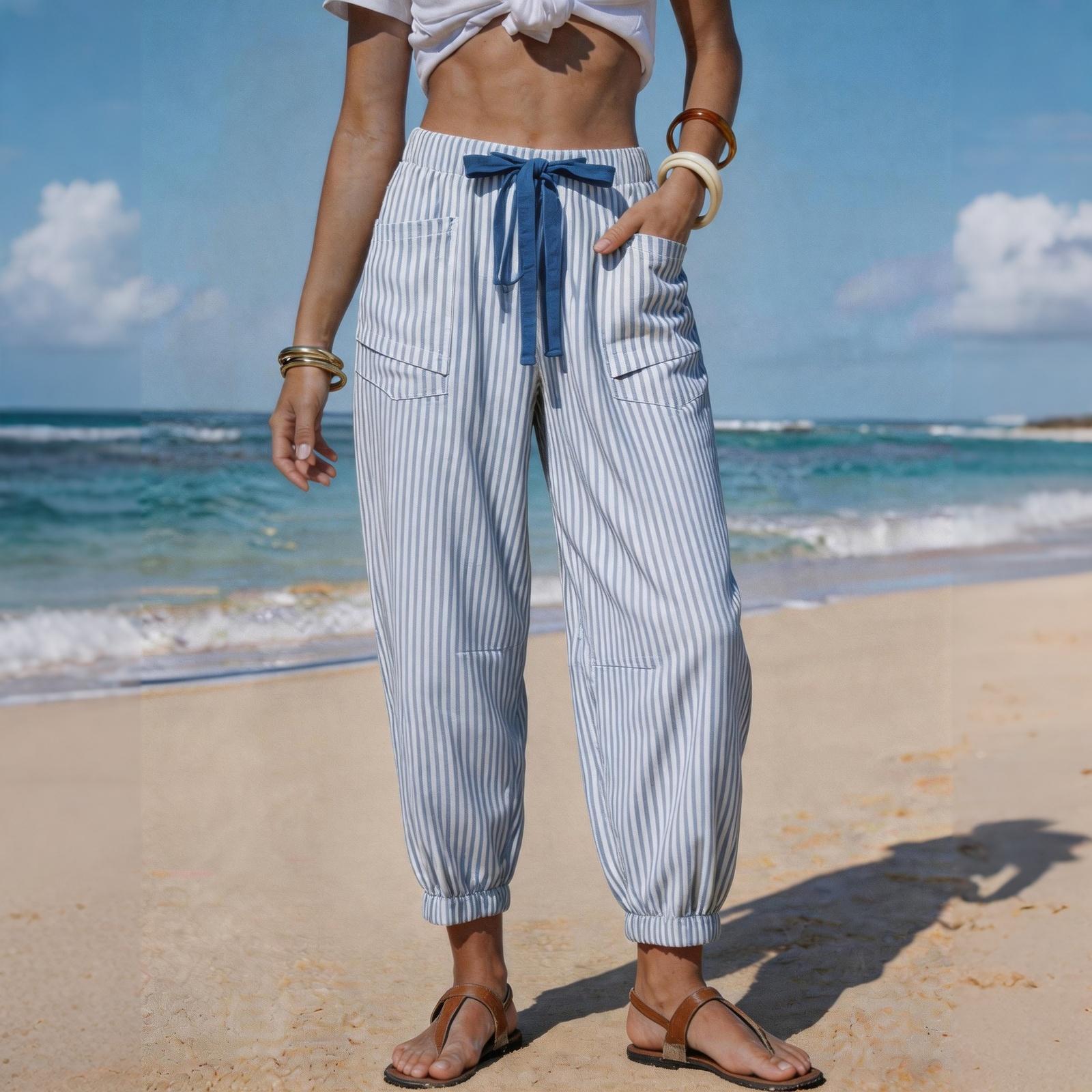 Women Casual Striped Pants Drawstring Waist with Pockets Lightweight Elastic Cuff Ankle Length Jogger Trousers S синий