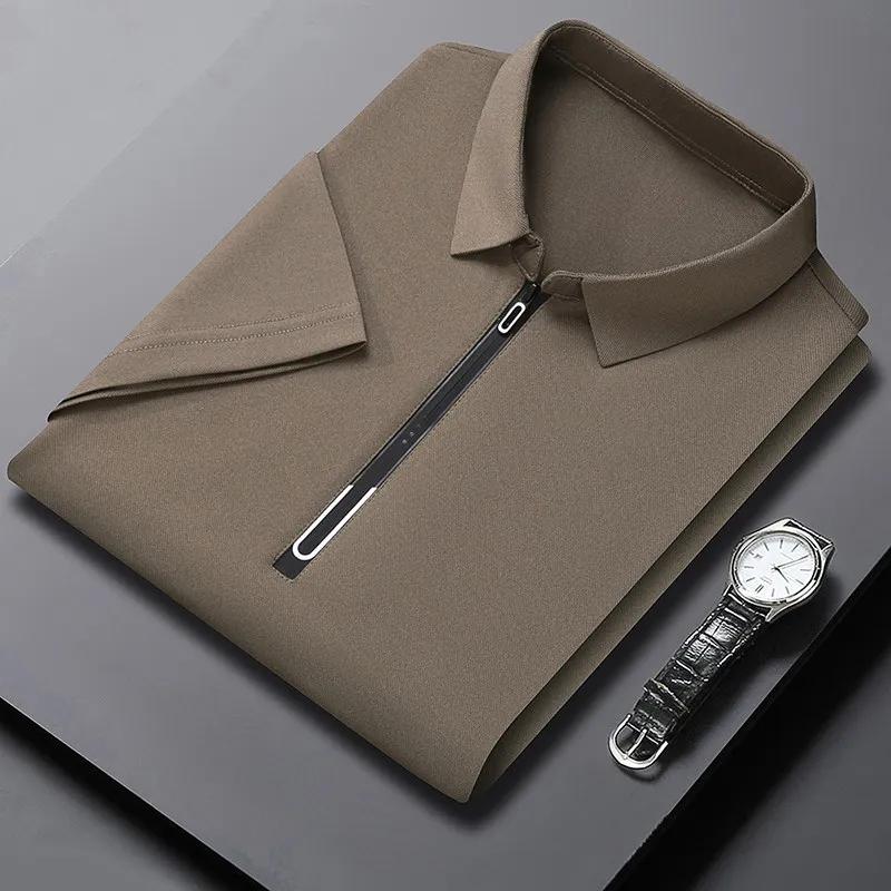 New Men's Business Casual Zipper Short Sleeve Solid Color Polo Shirt Fashionable Warm Comfortable Four Seasons Versatile Top