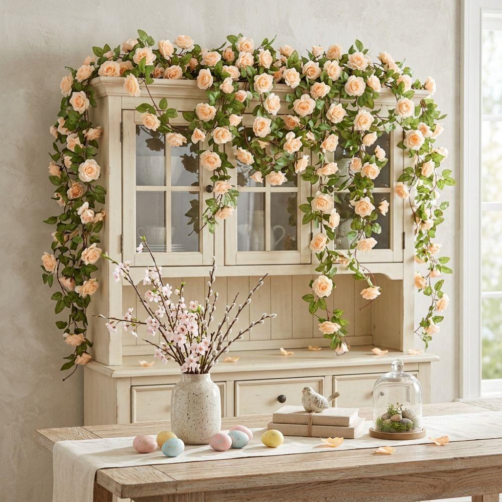 Multicolor Rose Artificial Flower Vine Green Leaves Silk Prtals Simulation Flower Vine Accessories Length 240cm