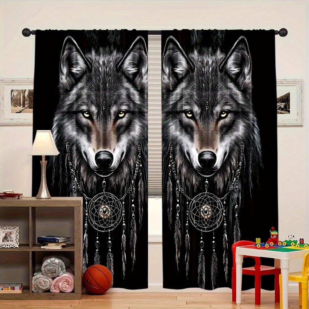 2pc Retro Wolf Sheer Curtains – Wolf Head & Dreamcatcher Print   Light-Filtering for Living Room & Study – Mystical Decor