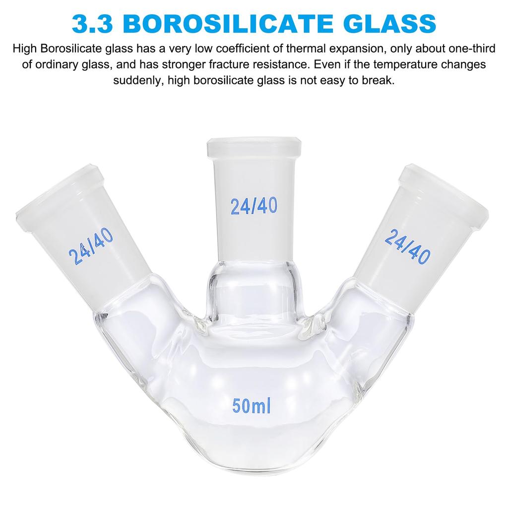 PATIKIL 50ml Boiling Flask, 3.3° Borosilicate Glass, 3-Neck, Round-Bottom, Thick-Walled, 24/40 Standard, Tapered Outer Joint, for Laboratory Use, Tran