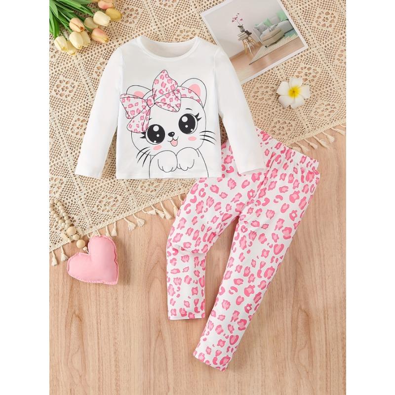 

Long-Sleeve And Long-Pants Outfit for Girls | Cute Cat Design T-Shirt And Leopard Print Pants | Soft And Comfortable Set Suitable for Outdoor Wear 7-8Y