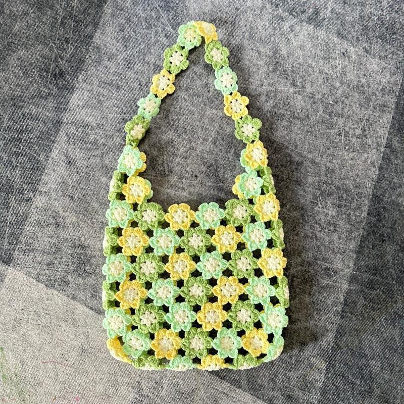 Handmade Crochet Shoulder Bag For Women Colorful Flower Patchwork Hollow Out Knitted Tote Bag Boho Style Casual Travel Handbag
