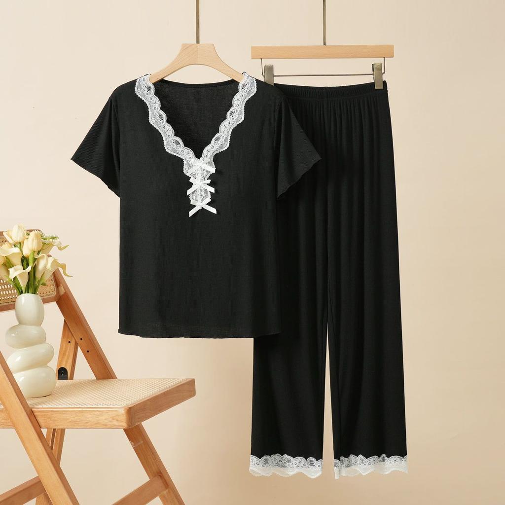 Women Suits Sets Lace-Trimmed Padded Nightgown Set with Short-Sleeve Top and Long Pants for Women Pants Two-piece Oversize 2PC Suit