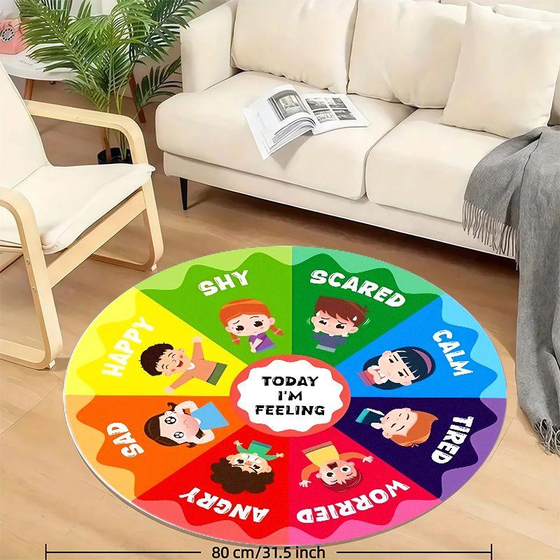 Emotion Wheel Kids Round Rug Flannel Educational Feelings Chart For Toddler Room Calm Angry Happy Sad Scared Tired Worried Shy